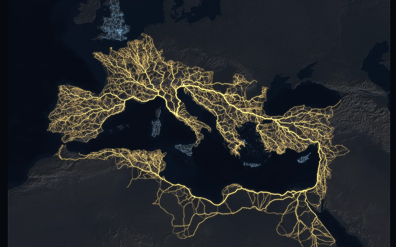 Fiecare drum roman de pe hartă, ca o linie care se îngroașă spre Roma, pe o hartă a reliefului din jurul Mediteranei.