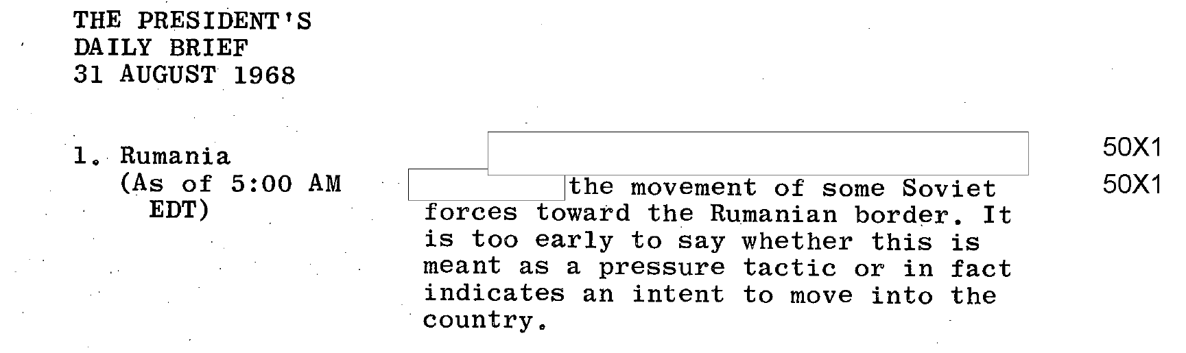 Fragment scanat din buletinul din 31 august 1968: punctul 1, „Rumania”, cu o casetă albă în locul primelor cuvinte și textul despre trupele sovietice care se îndreaptă spre granița României.