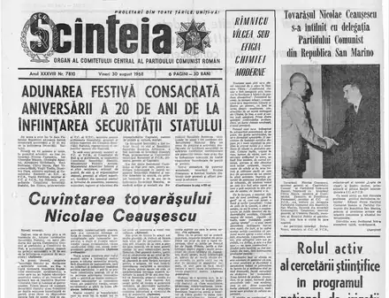 Prima pagină a ziarului Scînteia din 30 august 1968