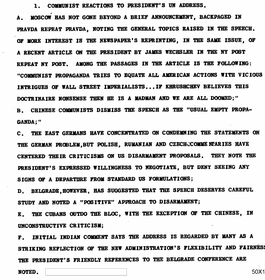 Fragment scanat din buletinul din 26 septembrie 1961: 1. COMMUNIST REACTIONS TO PRESIDENT'S UN ADDRESS.