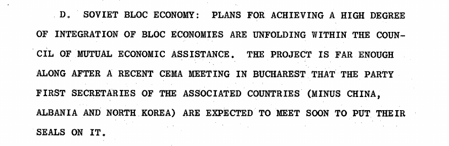 Fragment scanat din buletinul din 22 decembrie 1962: D. SOVIET BLOC ECONOMY: