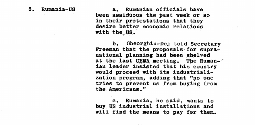 Fragment scanat din buletinul din 9 august 1963: 5. Rumania-US