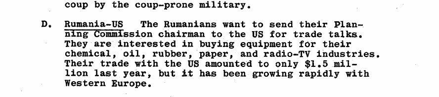 Fragment scanat din buletinul din 12 august 1963: D. Rumania-US