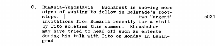 Fragment scanat din buletinul din 10 iunie 1964: C. Rumania-Yugoslavia