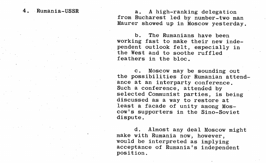 Fragment scanat din buletinul din 7 iulie 1964: 4. Rumania-USSR