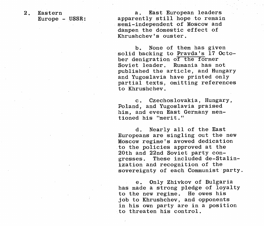 Fragment scanat din buletinul din 21 octombrie 1964: 2. Eastern Europe - USSR: