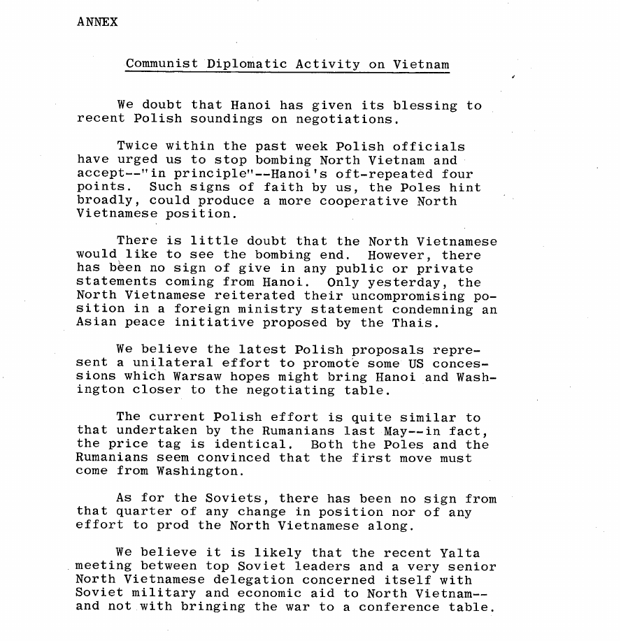 Fragment scanat din buletinul din 23 august 1966: ANNEX Communist Diplomatic Activity on Vietnam