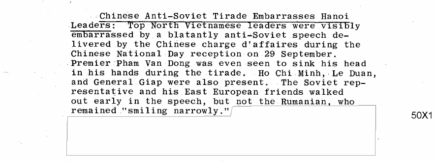 Fragment scanat din buletinul din 20 octombrie 1967: Chinese Anti-Soviet Tirade Embarrasses Hanoi Leaders:
