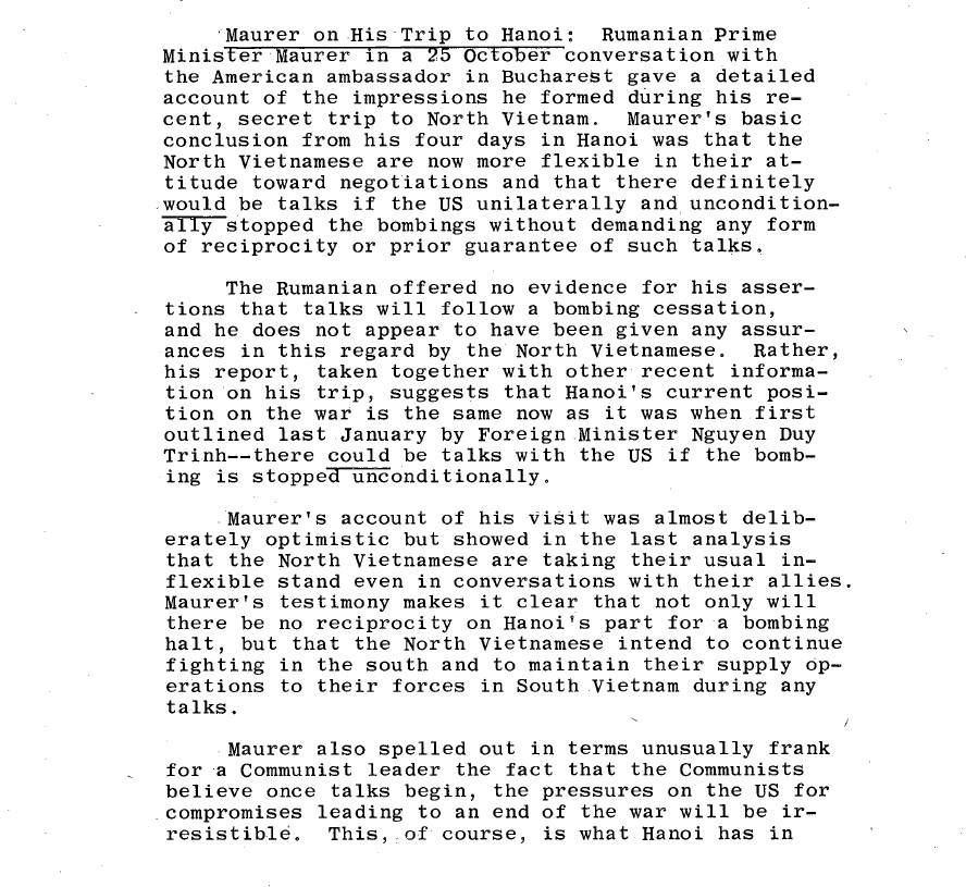 Fragment scanat din buletinul din 28 octombrie 1967: Maurer on His Trip to Hanoi: