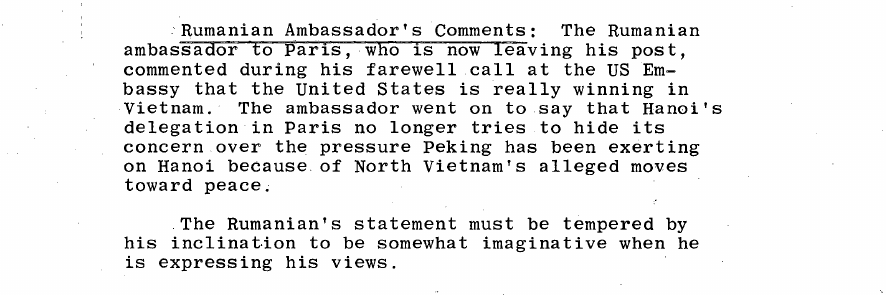 Fragment scanat din buletinul din 22 ianuarie 1968: Rumanian Ambassador's Comments: