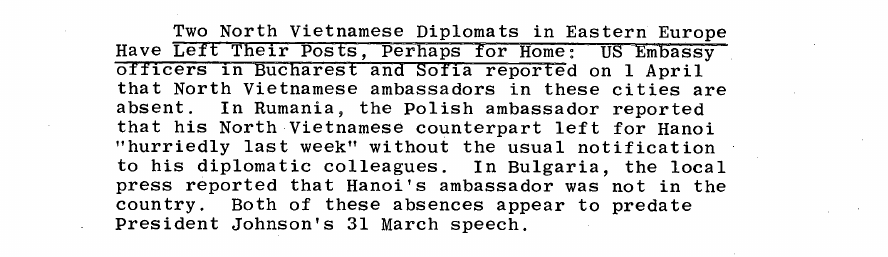 Fragment scanat din buletinul din 3 aprilie 1968: Two North Vietnamese Diplomats in Eastern Europe Have Left Their Posts, Perhaps for Home: