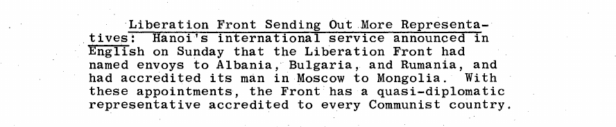 Fragment scanat din buletinul din 6 august 1968: Liberation Front Sending Out More Representatives: