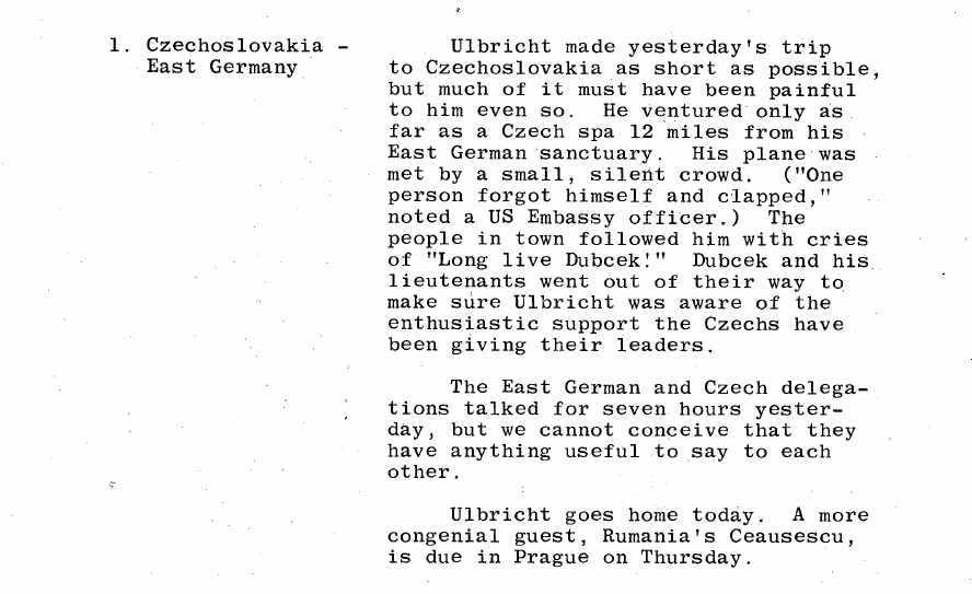 Fragment scanat din buletinul din 13 august 1968: 1. Czechoslovakia - East Germany