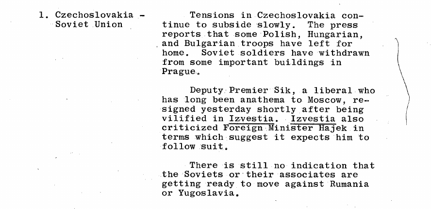 Fragment scanat din buletinul din 4 septembrie 1968: 1. Czechoslovakia - Soviet Union
