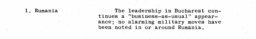 Fragment scanat din buletinul din 23 noiembrie 1968: 1. Rumania