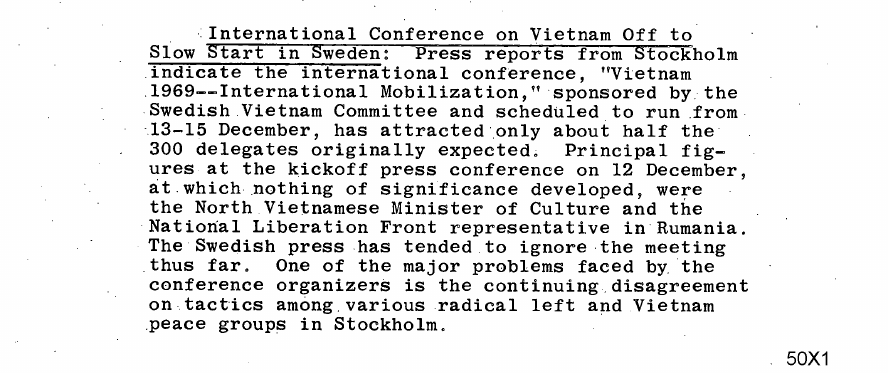 Fragment scanat din buletinul din 14 decembrie 1968: International Conference on Vietnam Off to Slow Start in Sweden: