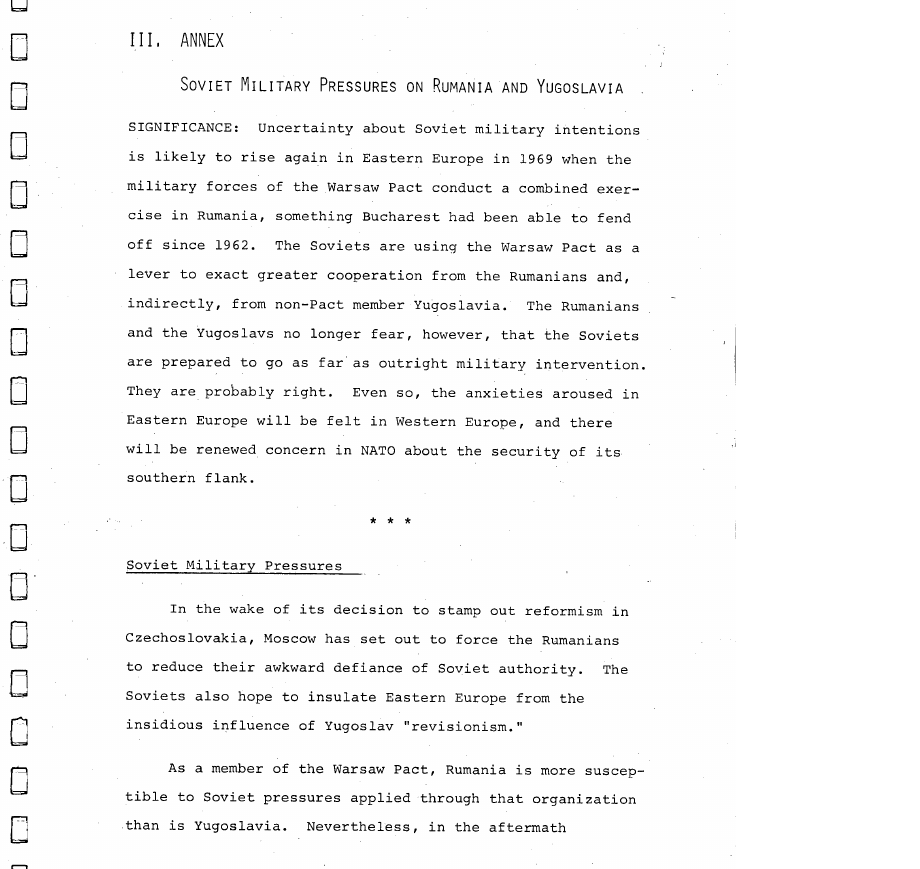 Fragment scanat din buletinul din 15 ianuarie 1969: III. ANNEX SOVIET MILITARY PRESSURES ON RUMANIA AND YUGOSLAVIA