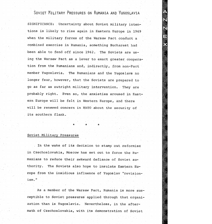 Fragment scanat din buletinul din 29 ianuarie 1969: SOVIET MILITARY PRESSURES ON RUMANIA AND YUGOSLAVIA