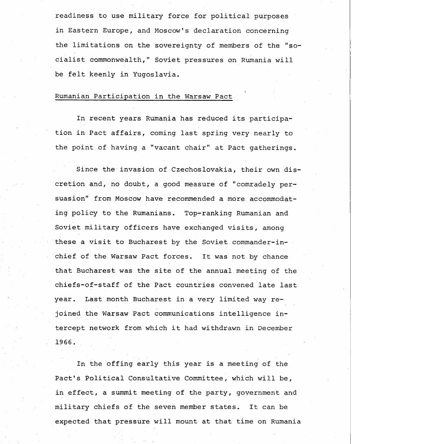 Fragment scanat din buletinul din 29 ianuarie 1969: SOVIET MILITARY PRESSURES ON RUMANIA AND YUGOSLAVIA