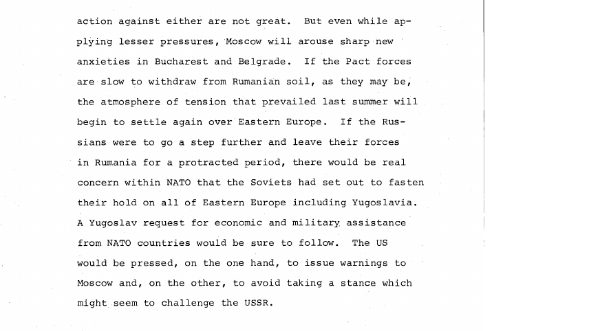 Fragment scanat din buletinul din 29 ianuarie 1969: SOVIET MILITARY PRESSURES ON RUMANIA AND YUGOSLAVIA