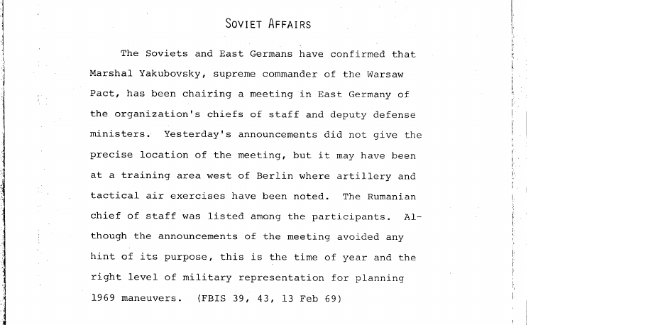 Fragment scanat din buletinul din 13 februarie 1969: SOVIET AFFAIRS