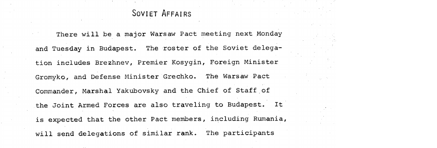 Fragment scanat din buletinul din 14 martie 1969: SOVIET AFFAIRS