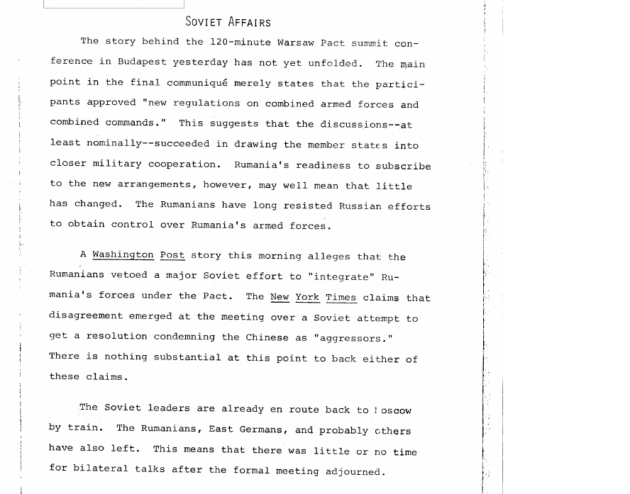 Fragment scanat din buletinul din 17 martie 1969: Soviet Affairs