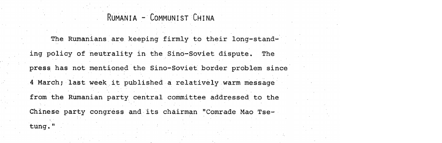 Fragment scanat din buletinul din 7 aprilie 1969: RUMANIA - COMMUNIST CHINA