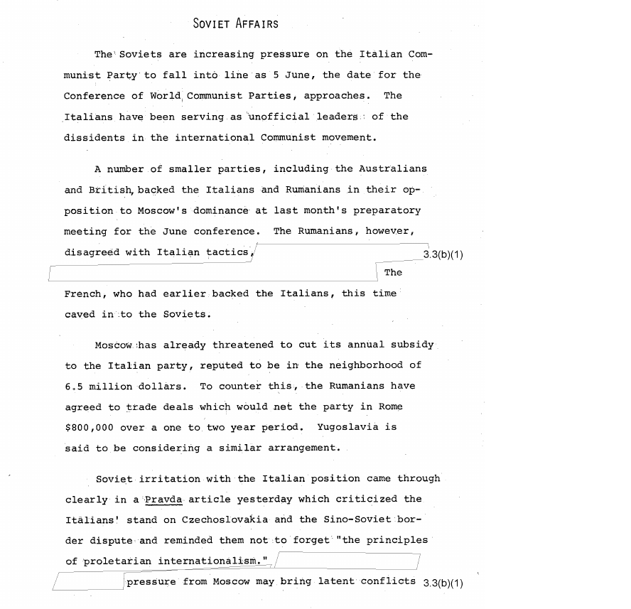 Fragment scanat din buletinul din 14 aprilie 1969: Soviet Affairs