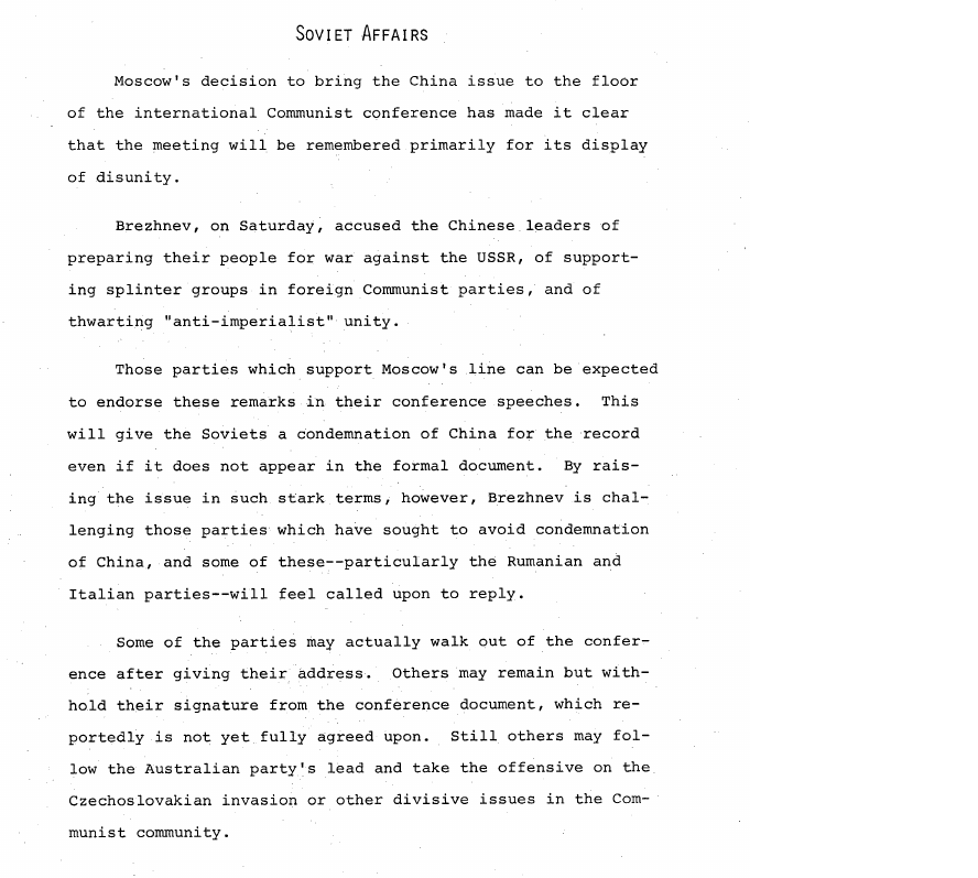 Fragment scanat din buletinul din 9 iunie 1969: Soviet Affairs
