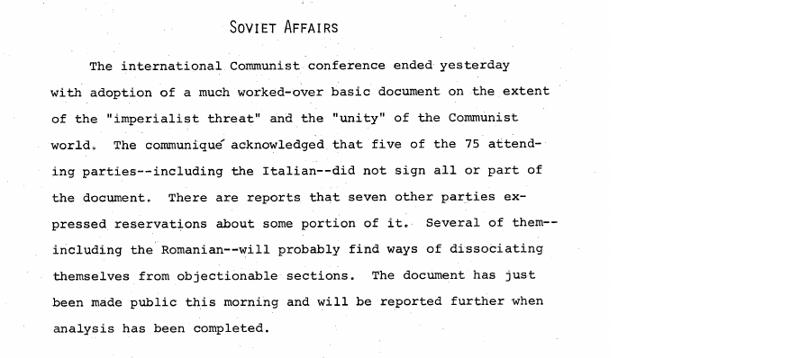Fragment scanat din buletinul din 18 iunie 1969: Soviet Affairs