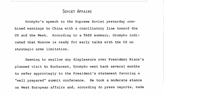 Fragment scanat din buletinul din 11 iulie 1969: SOVIET AFFAIRS
