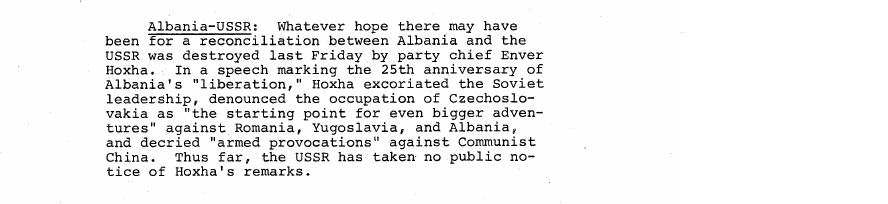 Fragment scanat din buletinul din 2 decembrie 1969: Albania-USSR: