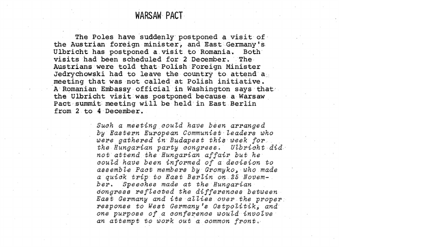 Fragment scanat din buletinul din 28 noiembrie 1970: WARSAW PACT