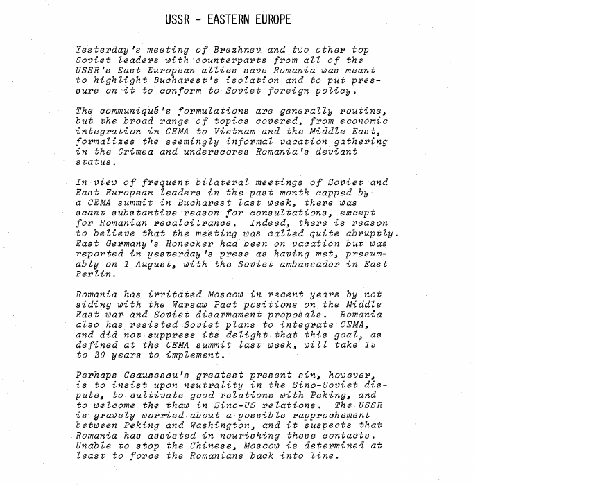 Fragment scanat din buletinul din 3 august 1971: USSR - EASTERN EUROPE