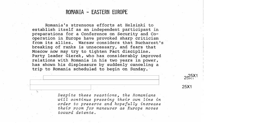 Fragment scanat din buletinul din 8 decembrie 1972: ROMANIA - EASTERN EUROPE