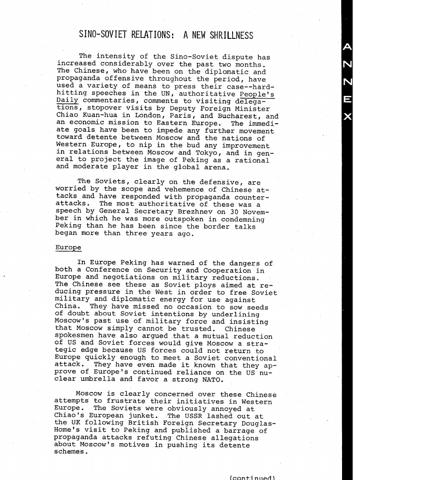 Fragment scanat din buletinul din 20 decembrie 1972: SINO-SOVIET RELATIONS: A NEW SHRILLNESS