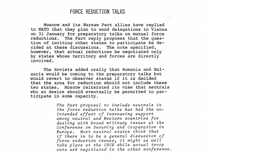 Fragment scanat din buletinul din 29 ianuarie 1973: FORCE REDUCTION TALKS