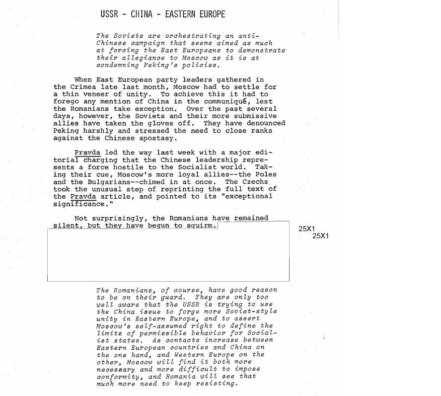 Fragment scanat din buletinul din 15 august 1973: USSR - CHINA - EASTERN EUROPE