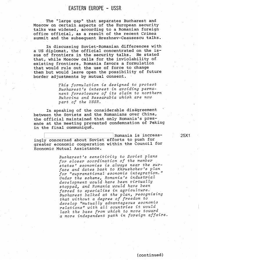 Fragment scanat din buletinul din 17 august 1973: EASTERN EUROPE - USSR