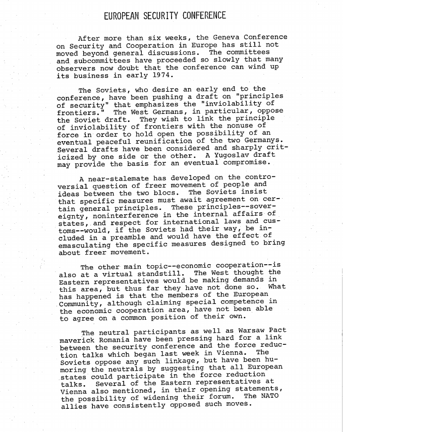 Fragment scanat din buletinul din 7 noiembrie 1973: EUROPEAN SECURITY CONFERENCE