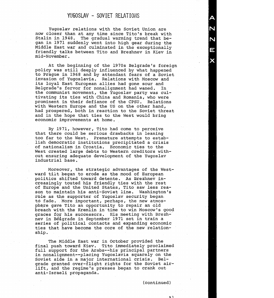 Fragment scanat din buletinul din 4 decembrie 1973: YUGOSLAV - SOVIET RELATIONS