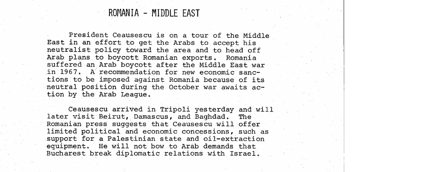 Fragment scanat din buletinul din 13 februarie 1974: ROMANIA - MIDDLE EAST