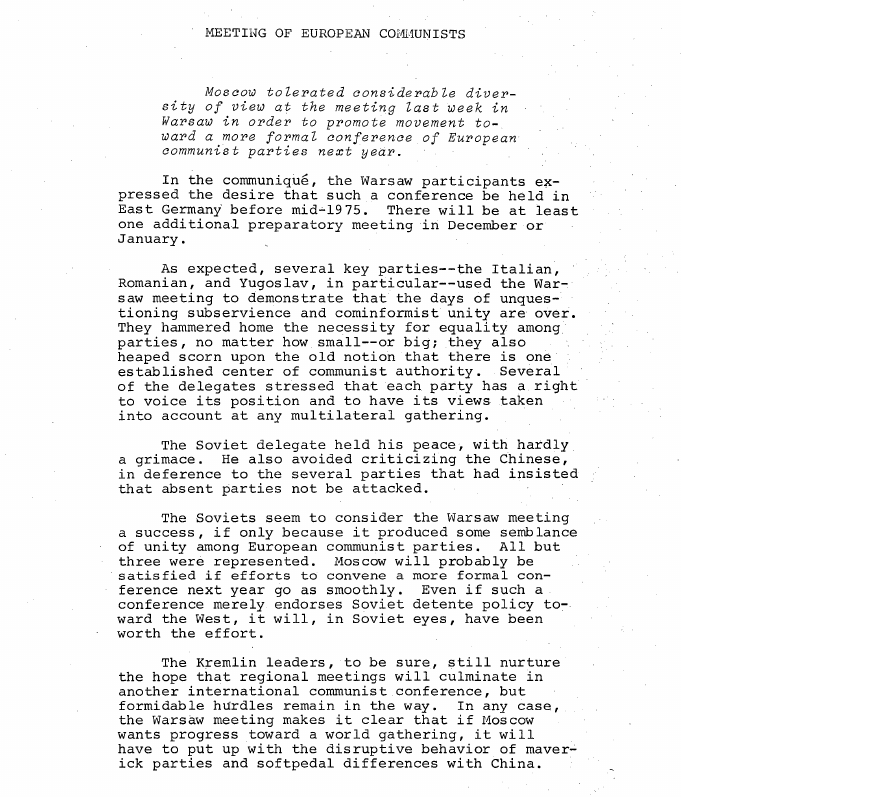 Fragment scanat din buletinul din 21 octombrie 1974: MEETING OF EUROPEAN COMMUNISTS