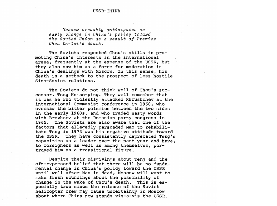 Scanned fragment of the brief of 10 January 1976: USSR-CHINA