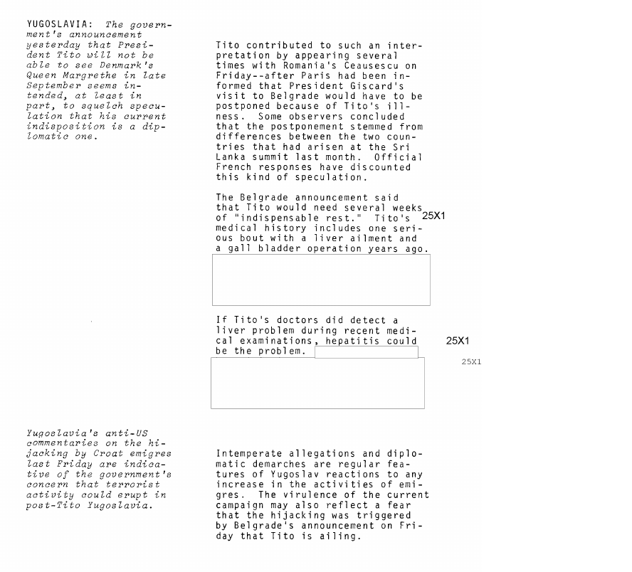 Scanned fragment of the brief of 14 September 1976: YUGOSLAVIA: