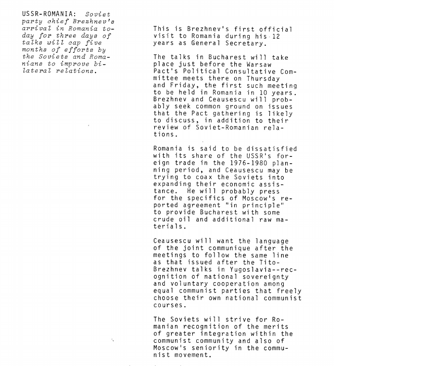 Scanned fragment of the brief of 22 November 1976: USSR-ROMANIA: