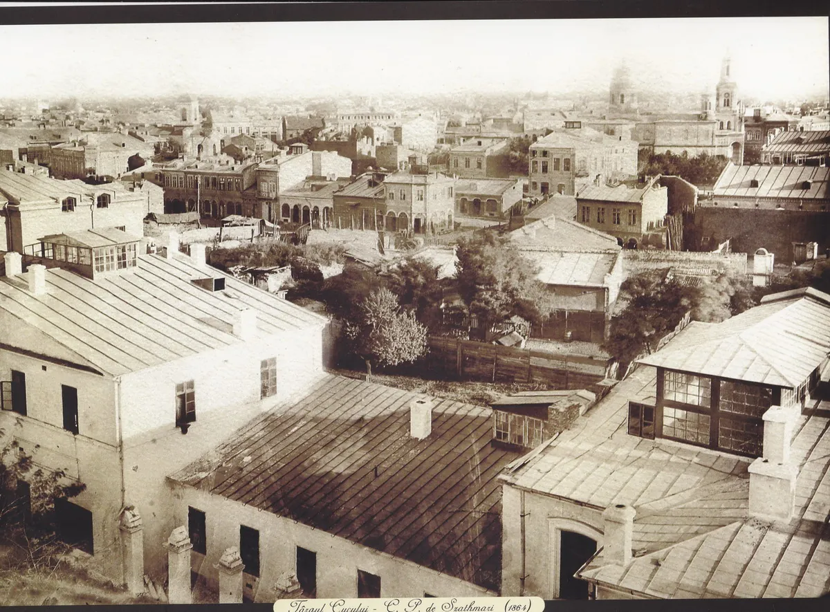 Acoperișuri joase ale cartierului Târgul Cucului din București, în 1864