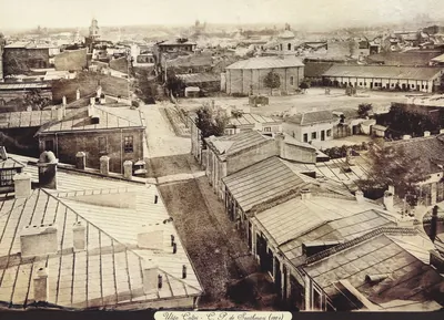 Acoperișurile caselor de pe Ulița Colței din București, văzute de sus în 1864