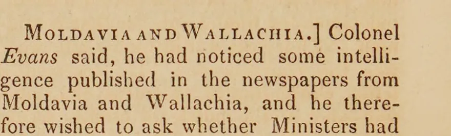 Fragment dintr-o pagină tipărită din Hansard, 1835: numele apare ca „Moldavia and Wallachia”.